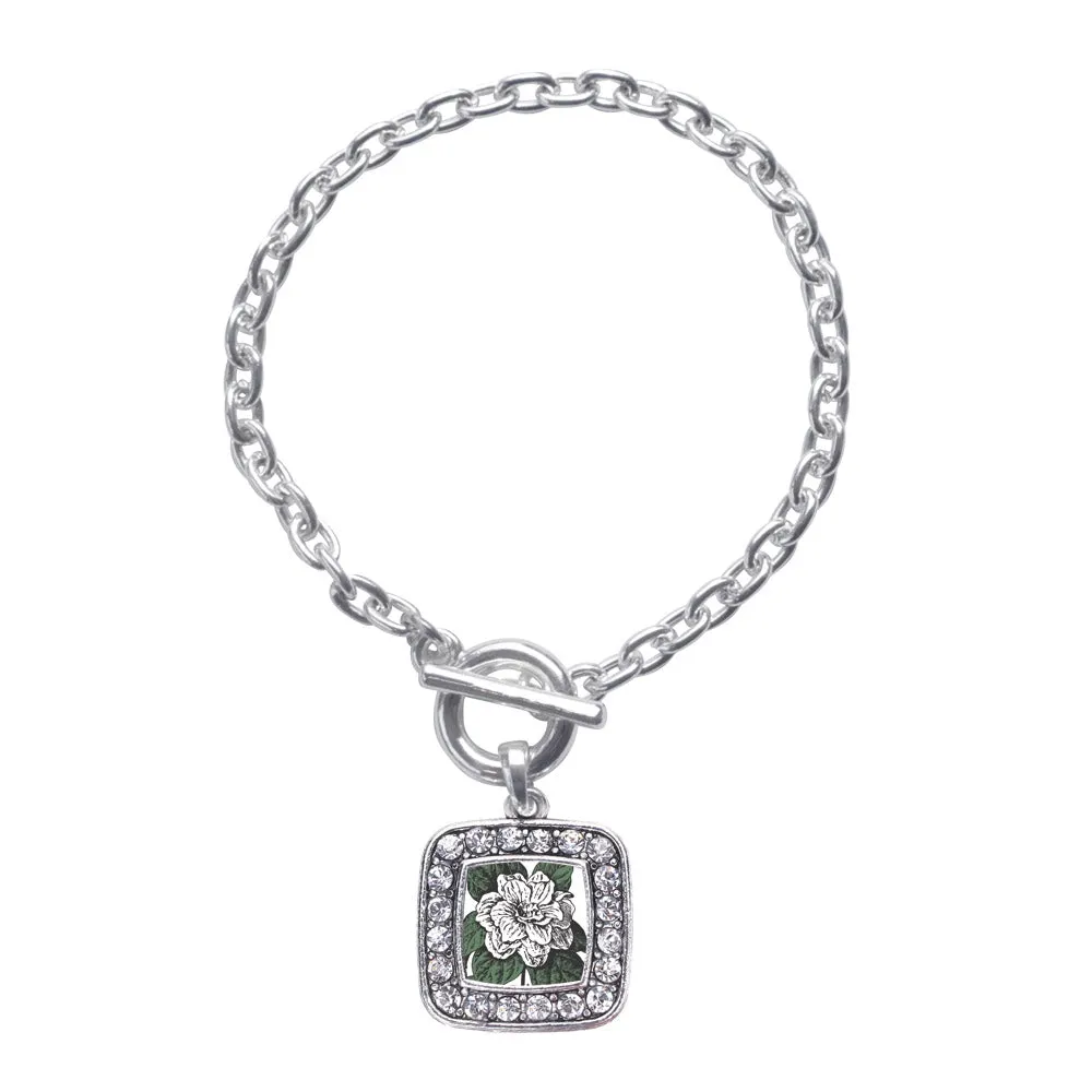 Silver Gardenia Flower Square Charm Toggle Bracelet