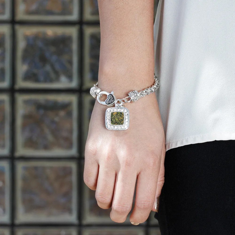 Silver Green Hunting Pattern Square Charm Braided Bracelet