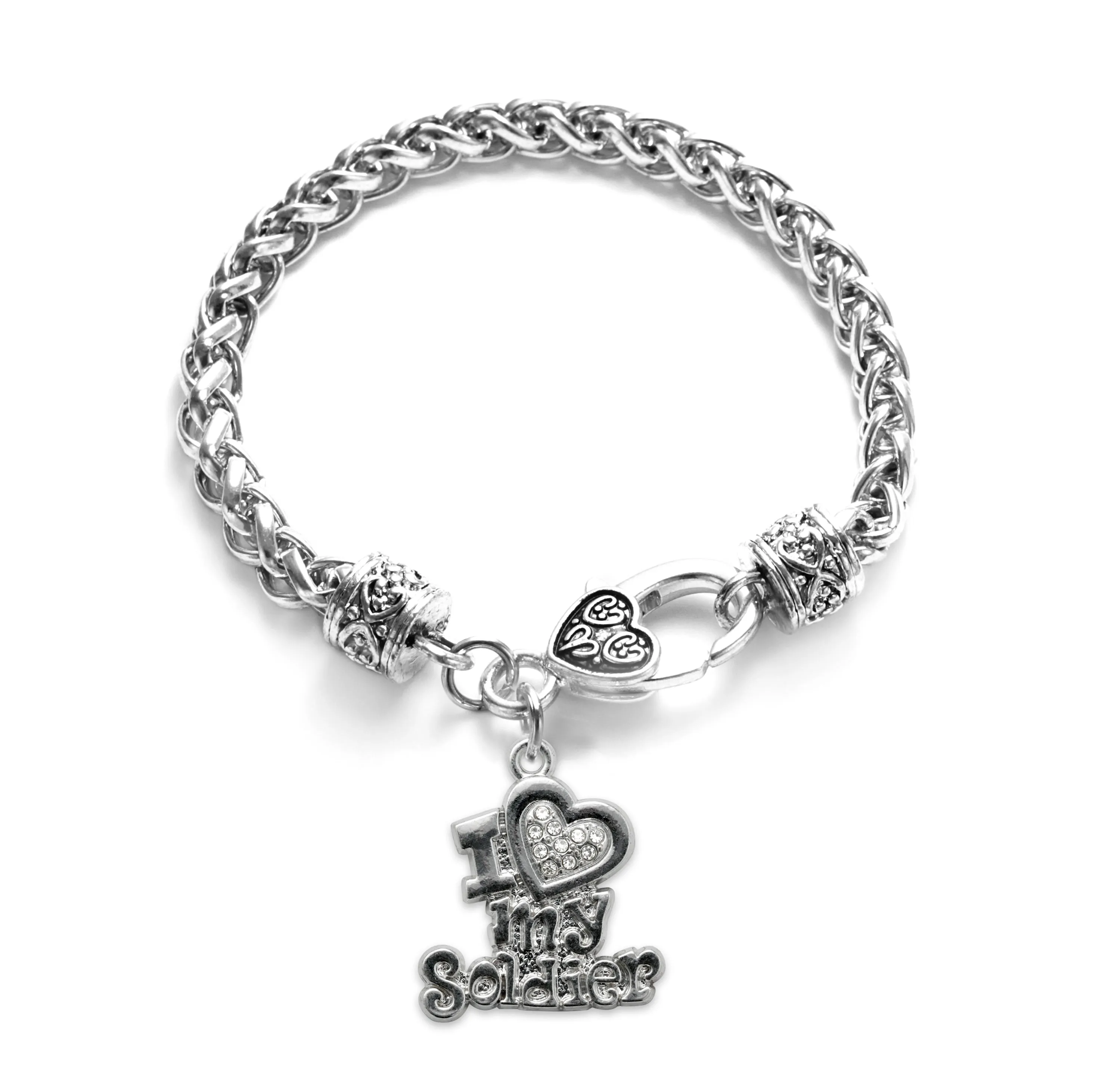 Silver I Love My Soldier Charm Braided Bracelet
