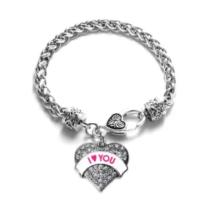 Silver I Love You White Candy Pave Heart Charm Braided Bracelet