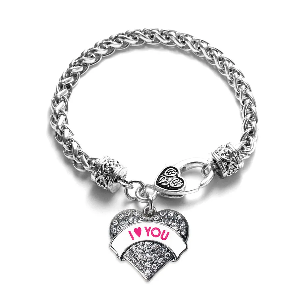 Silver I Love You White Candy Pave Heart Charm Braided Bracelet