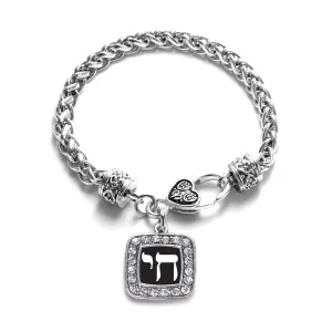 Silver Life In Hebrew Square Charm Braided Bracelet