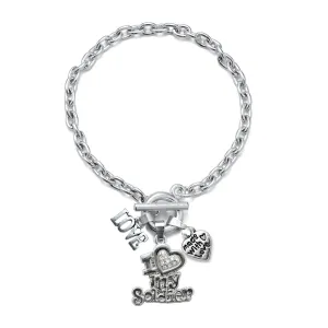 Silver Love I Love My Soldier Charm Toggle Bracelet