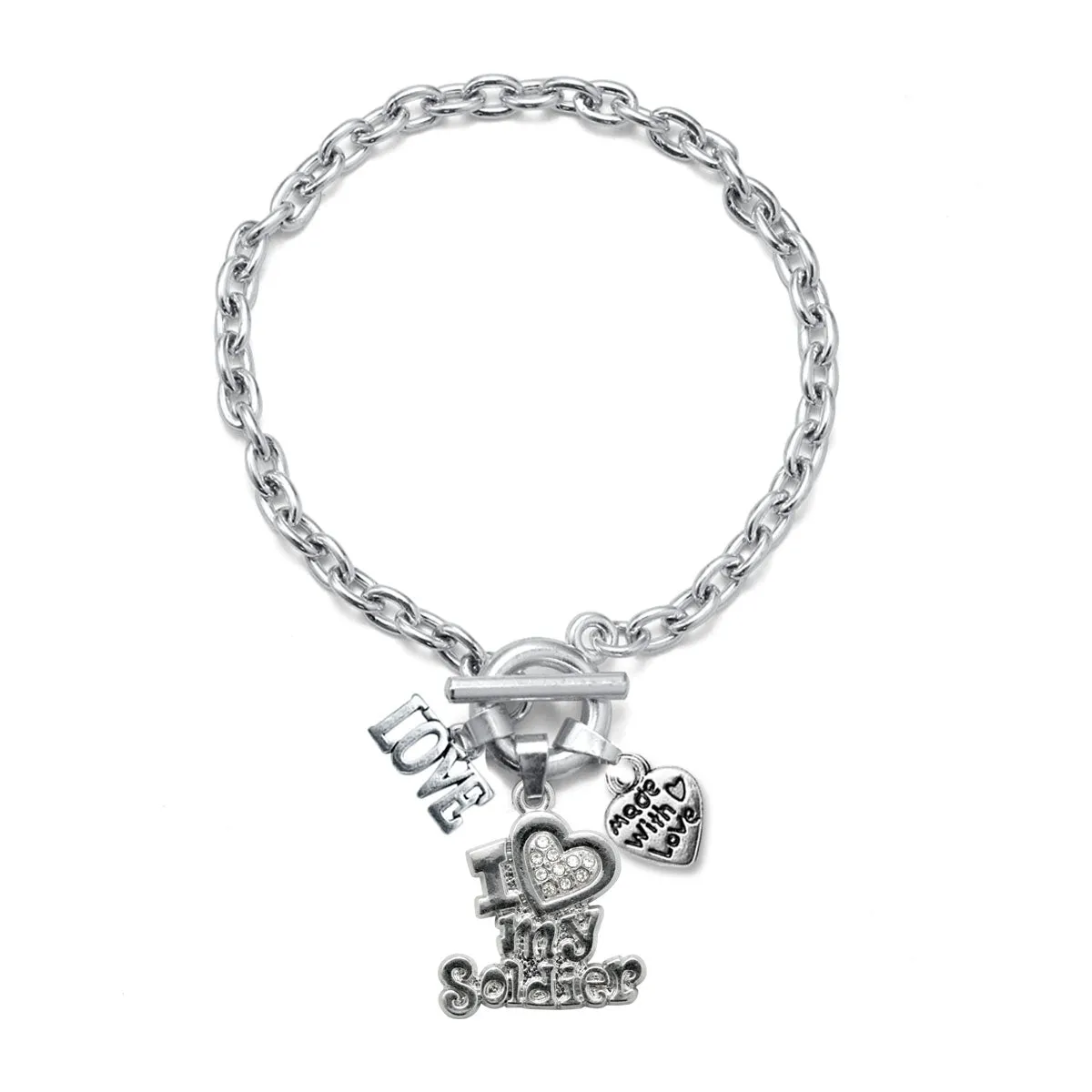 Silver Love I Love My Soldier Charm Toggle Bracelet