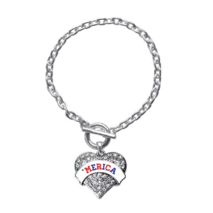 Silver 'Merica Pave Heart Charm Toggle Bracelet