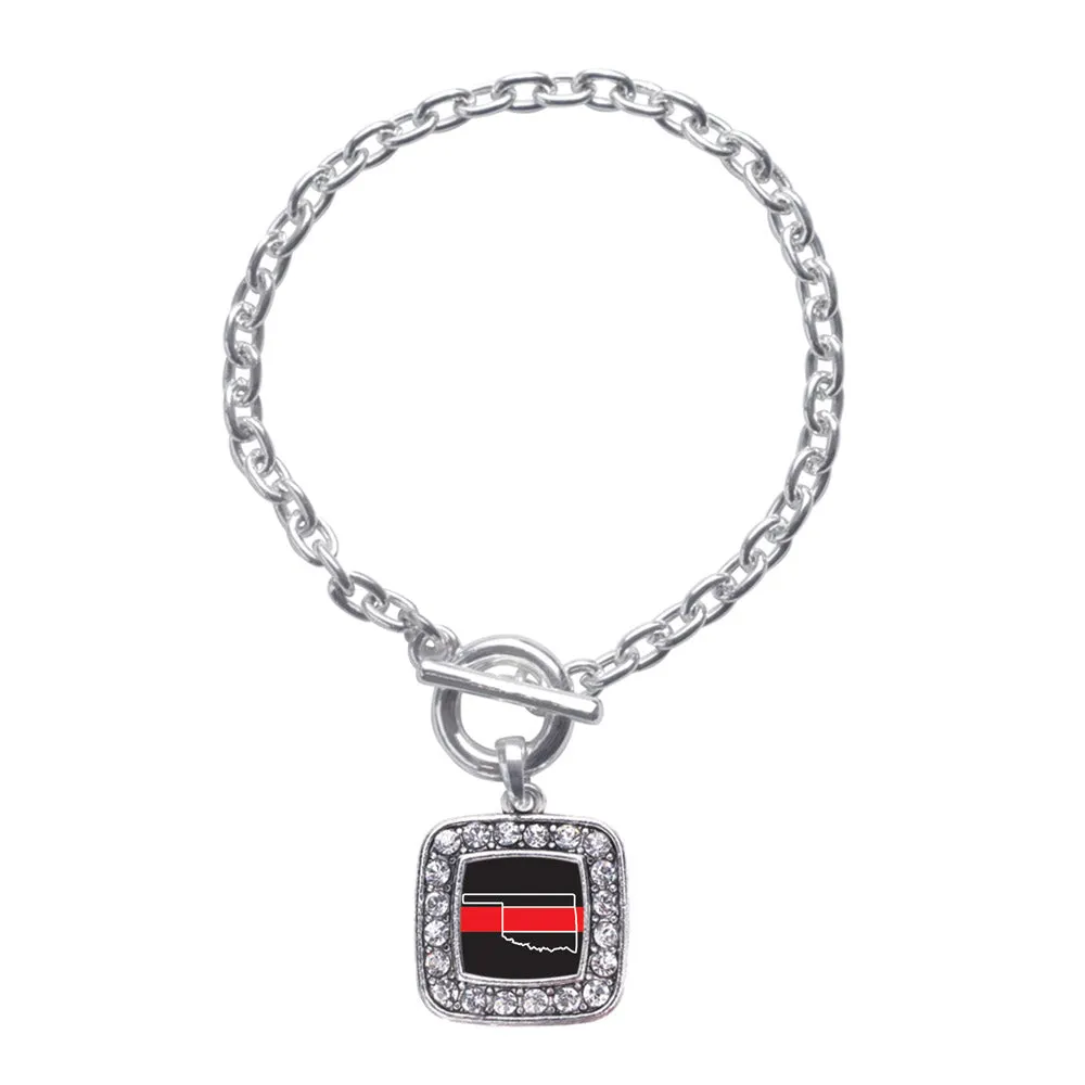 Silver Oklahoma Thin Red Line Square Charm Toggle Bracelet