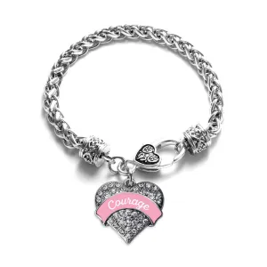 Silver Pink Script Courage Breast Cancer Support Pave Heart Charm Braided Bracelet