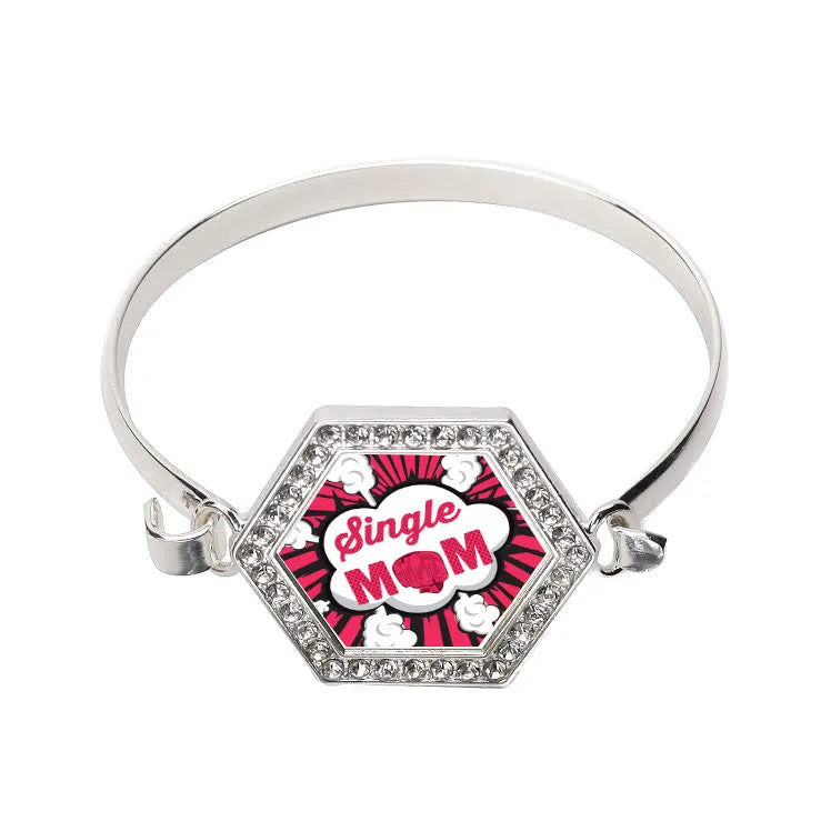 Silver Single Mom Hexagon Charm Bangle Bracelet