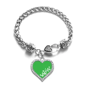 Silver Sisters - Green Open Heart Charm Braided Bracelet