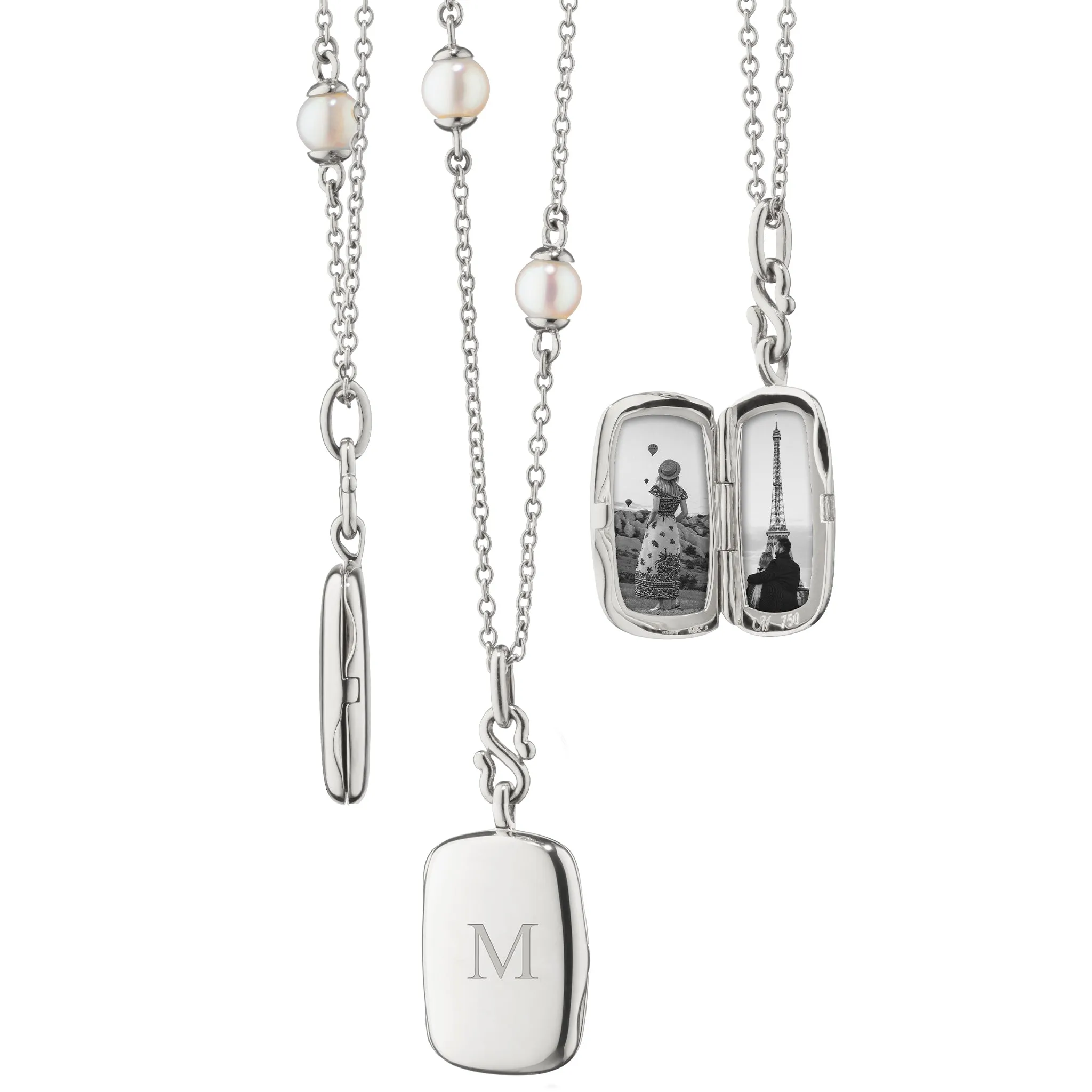Slim "Britt" Sterling Silver Locket Necklace on Pearl Chain