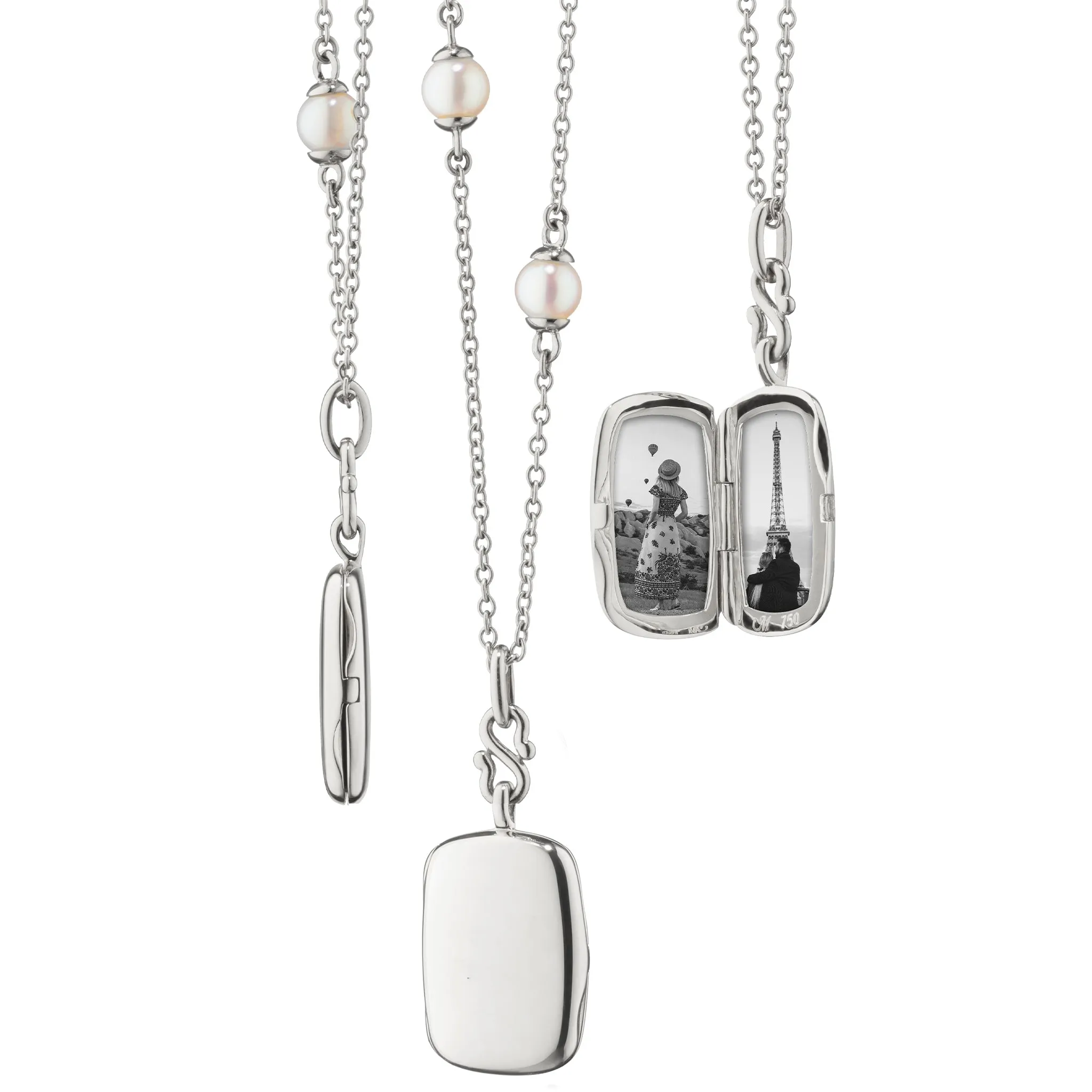 Slim "Britt" Sterling Silver Locket Necklace on Pearl Chain