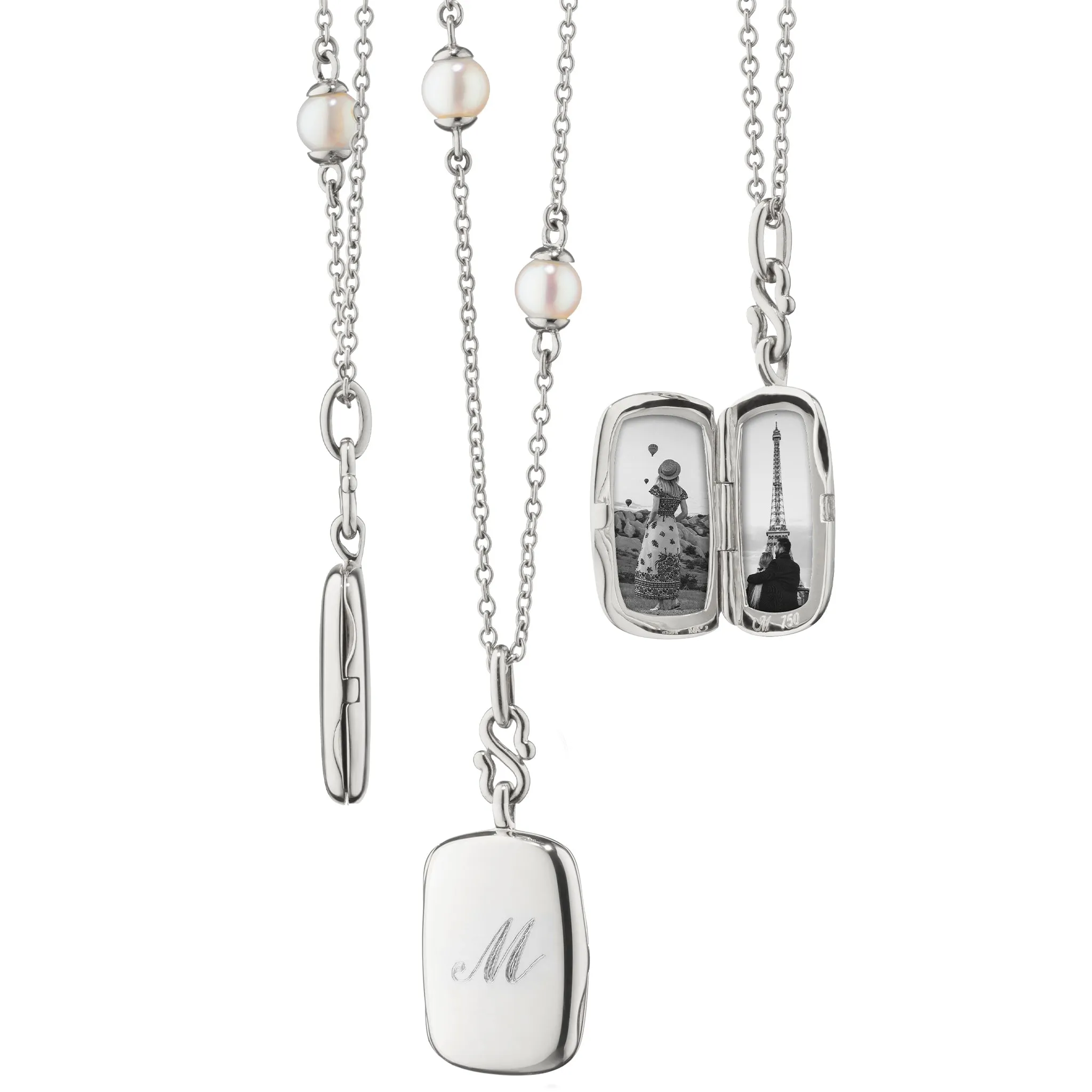 Slim "Britt" Sterling Silver Locket Necklace on Pearl Chain