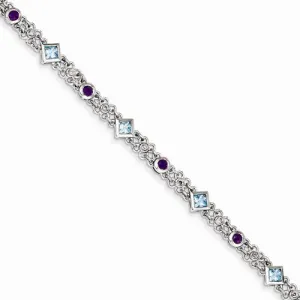 Sterling Silver Amethyst, Blue Topaz & Diamond Bracelet