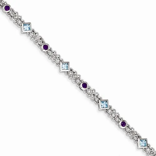 Sterling Silver Amethyst, Blue Topaz & Diamond Bracelet