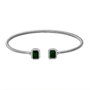 Sterling Silver Emerald Cut Dyed Green Corundum & White Topaz Cuff Bracelet by Samuel B.