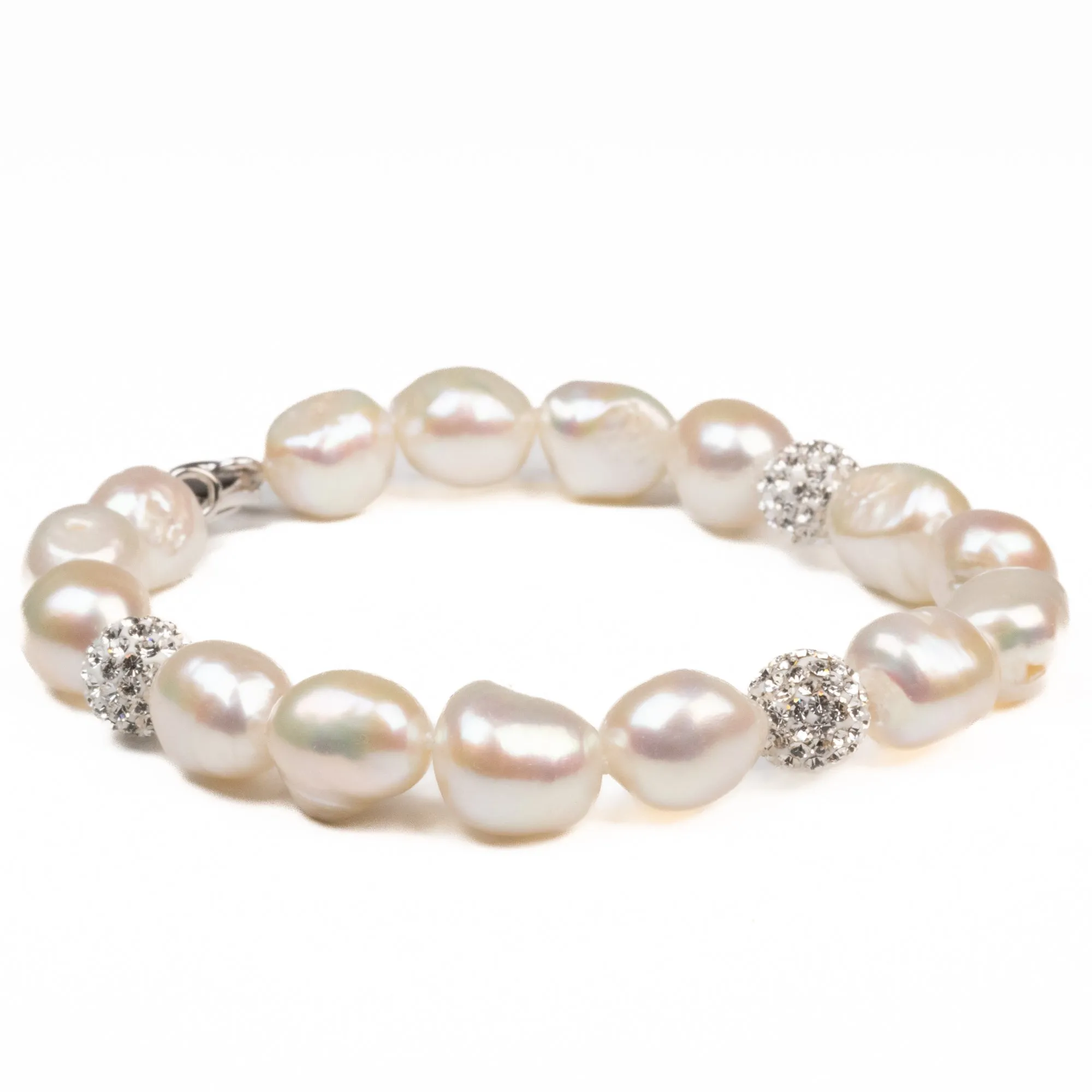 Sterling Silver Freshwater Pearl 9-10mm Bracelet with Crystal Clay Balls