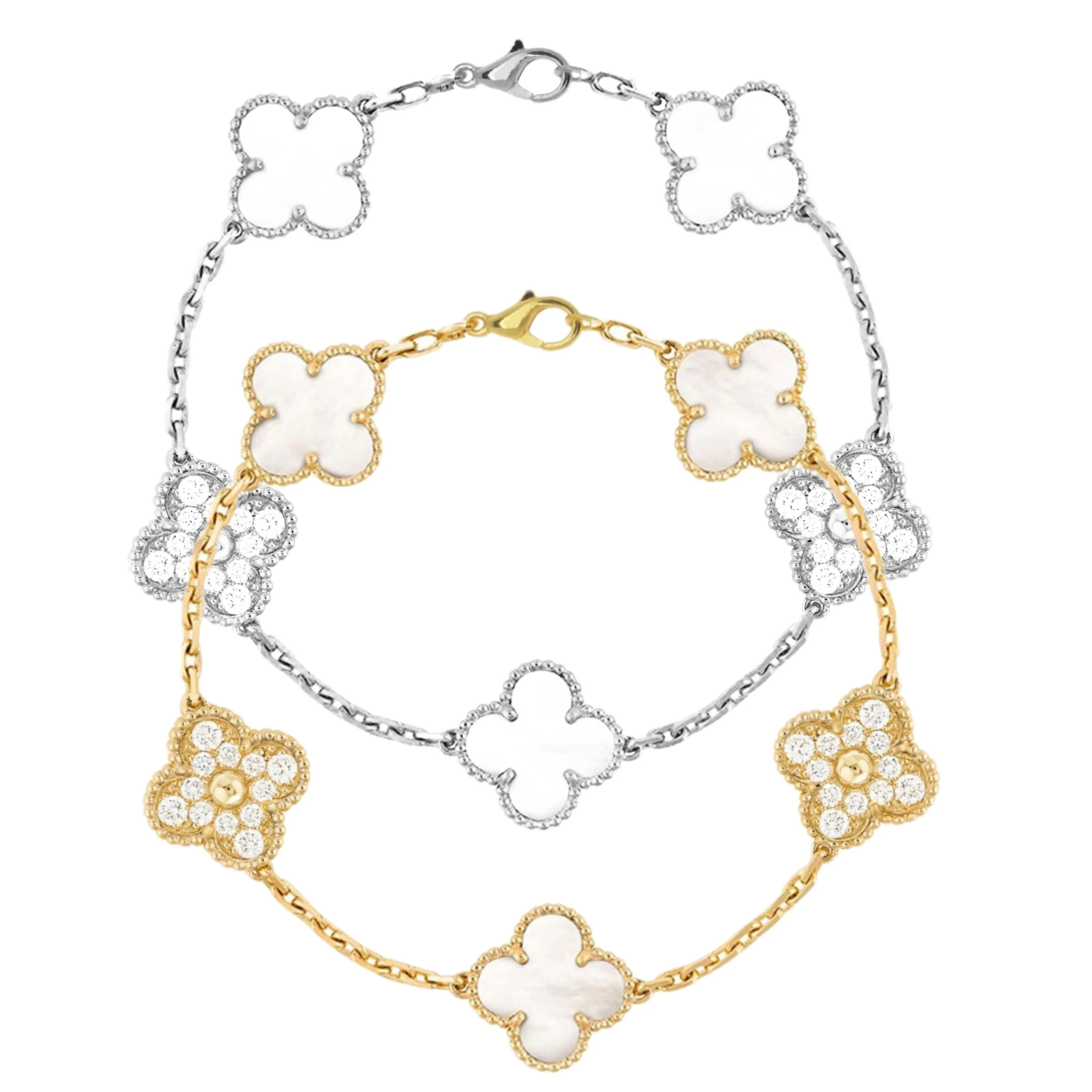 Sterling Silver Gold Plated Mother Of Pearl and CZ Five Clover Bracelet