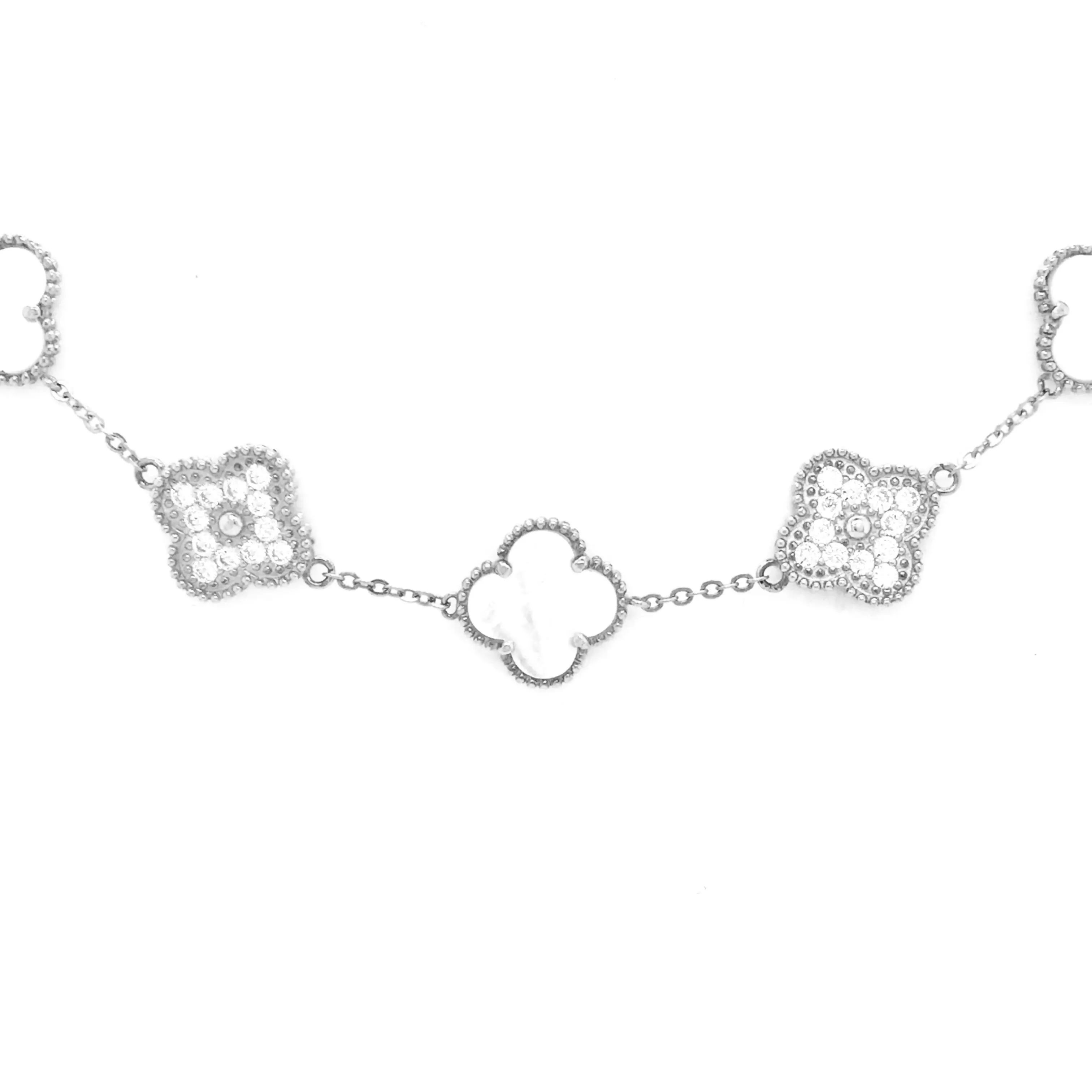 Sterling Silver Gold Plated Mother Of Pearl and CZ Five Clover Bracelet