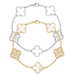 Sterling Silver Gold Plated Mother Of Pearl and CZ Five Clover Bracelet