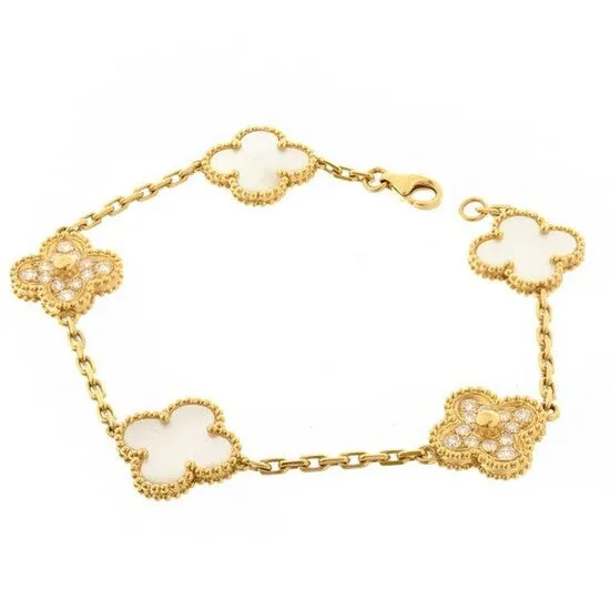 Sterling Silver Gold Plated Mother Of Pearl and CZ Five Clover Bracelet