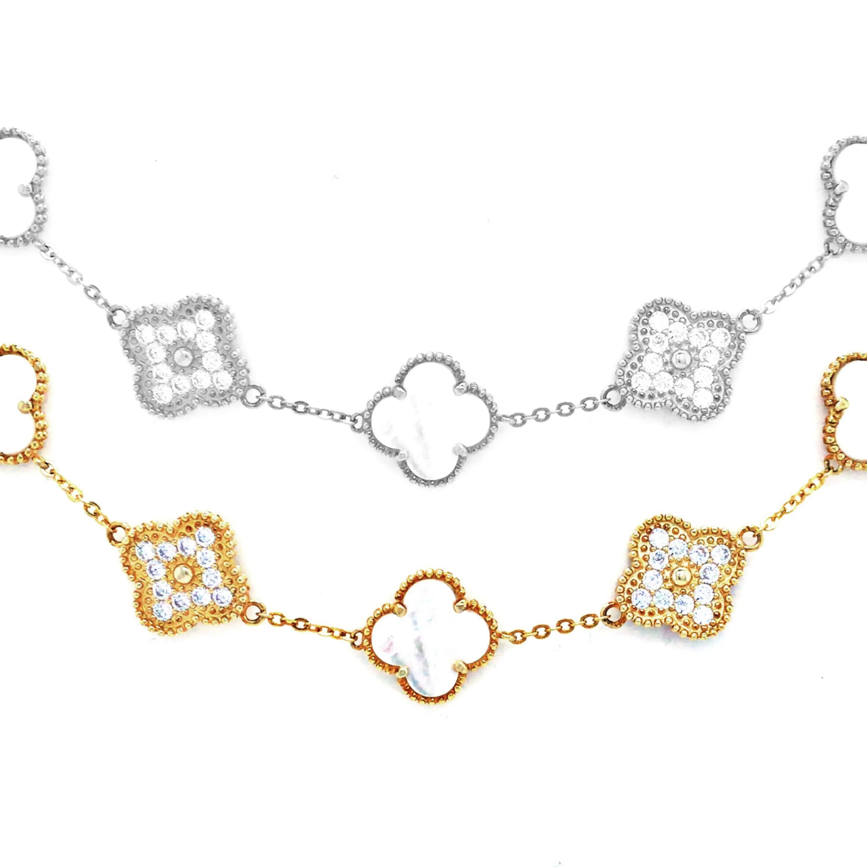 Sterling Silver Gold Plated Mother Of Pearl and CZ Five Clover Bracelet