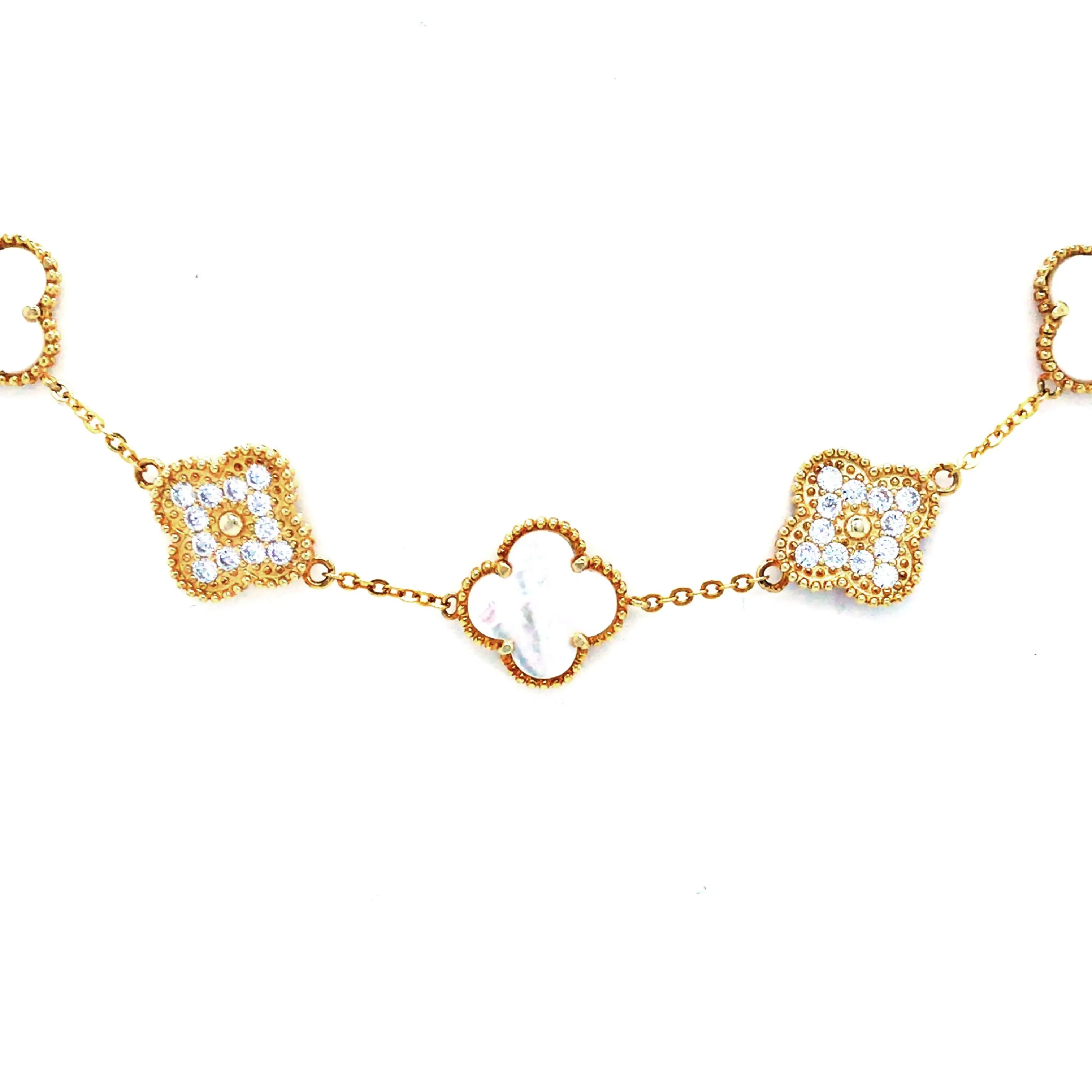 Sterling Silver Gold Plated Mother Of Pearl and CZ Five Clover Bracelet