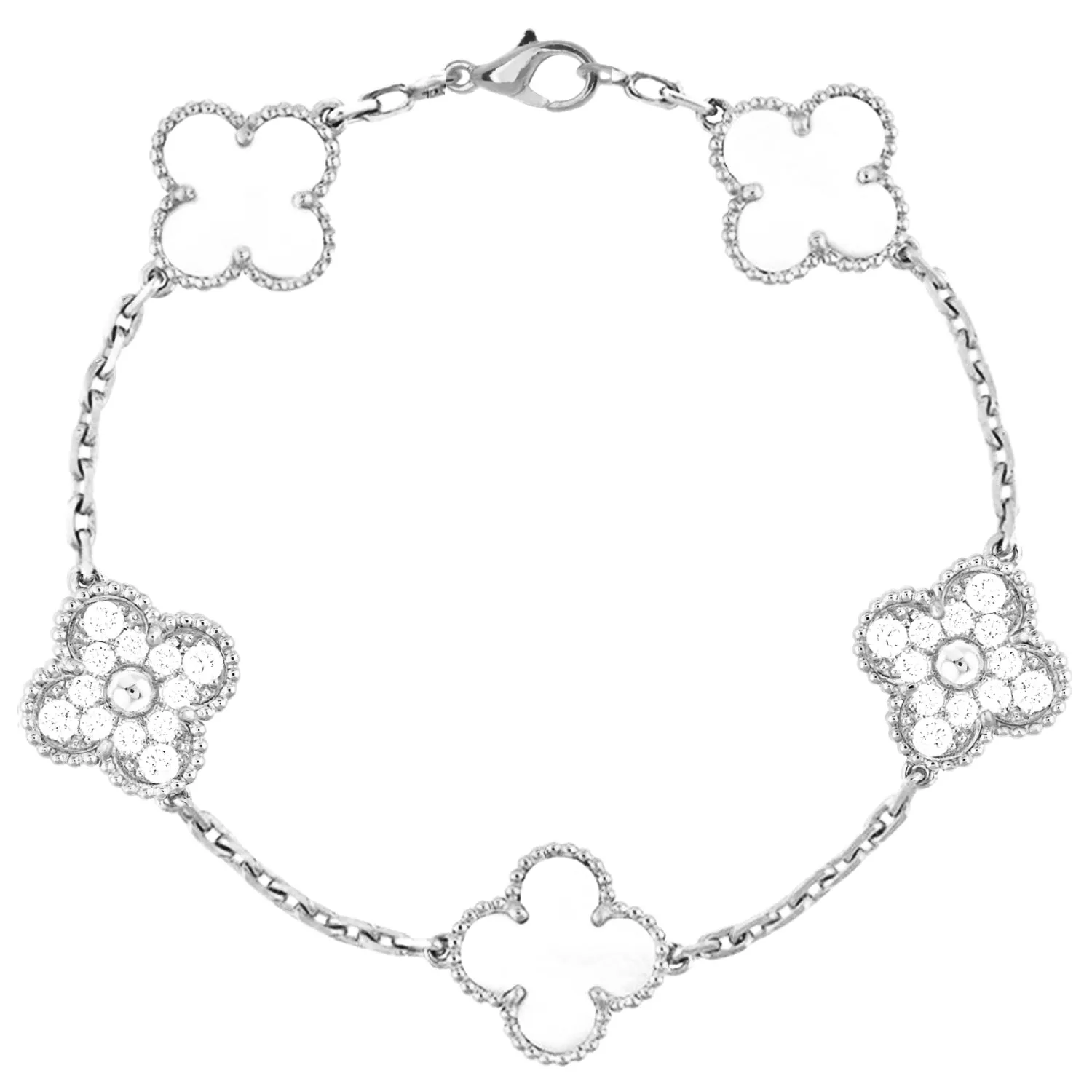 Sterling Silver Gold Plated Mother Of Pearl and CZ Five Clover Bracelet