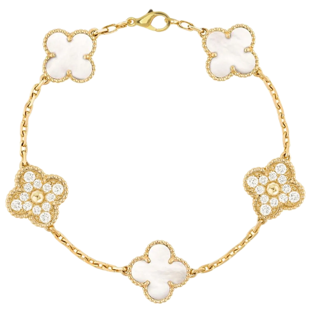 Sterling Silver Gold Plated Mother Of Pearl and CZ Five Clover Bracelet