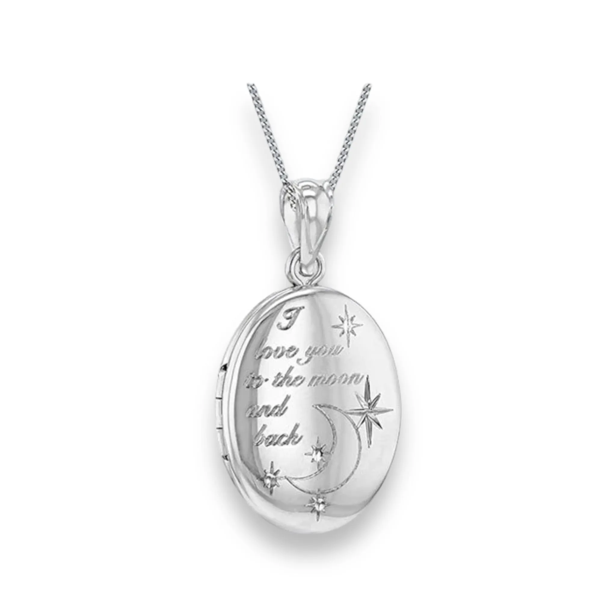 Sterling Silver Oval Locket Necklace for Women with "Love You To The Moon And Back" Engraved Design - 34mm, 16-20" Chain, Gift Box Included