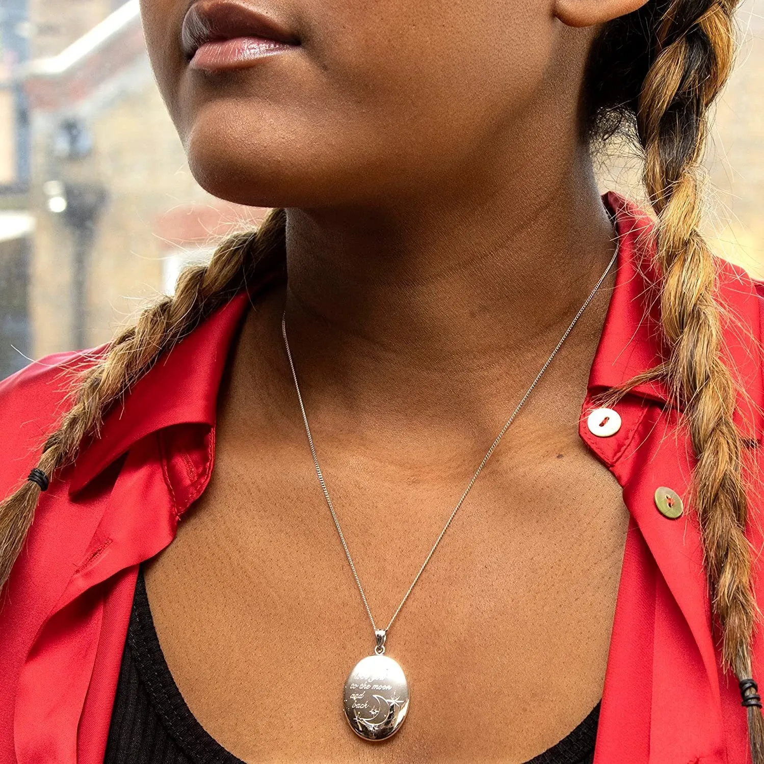 Sterling Silver Oval Locket Necklace for Women with "Love You To The Moon And Back" Engraved Design - 34mm, 16-20" Chain, Gift Box Included