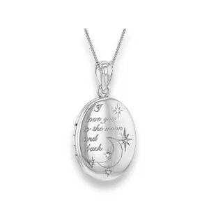 Sterling Silver Oval Locket Necklace for Women with "Love You To The Moon And Back" Engraved Design - 34mm, 16-20" Chain, Gift Box Included