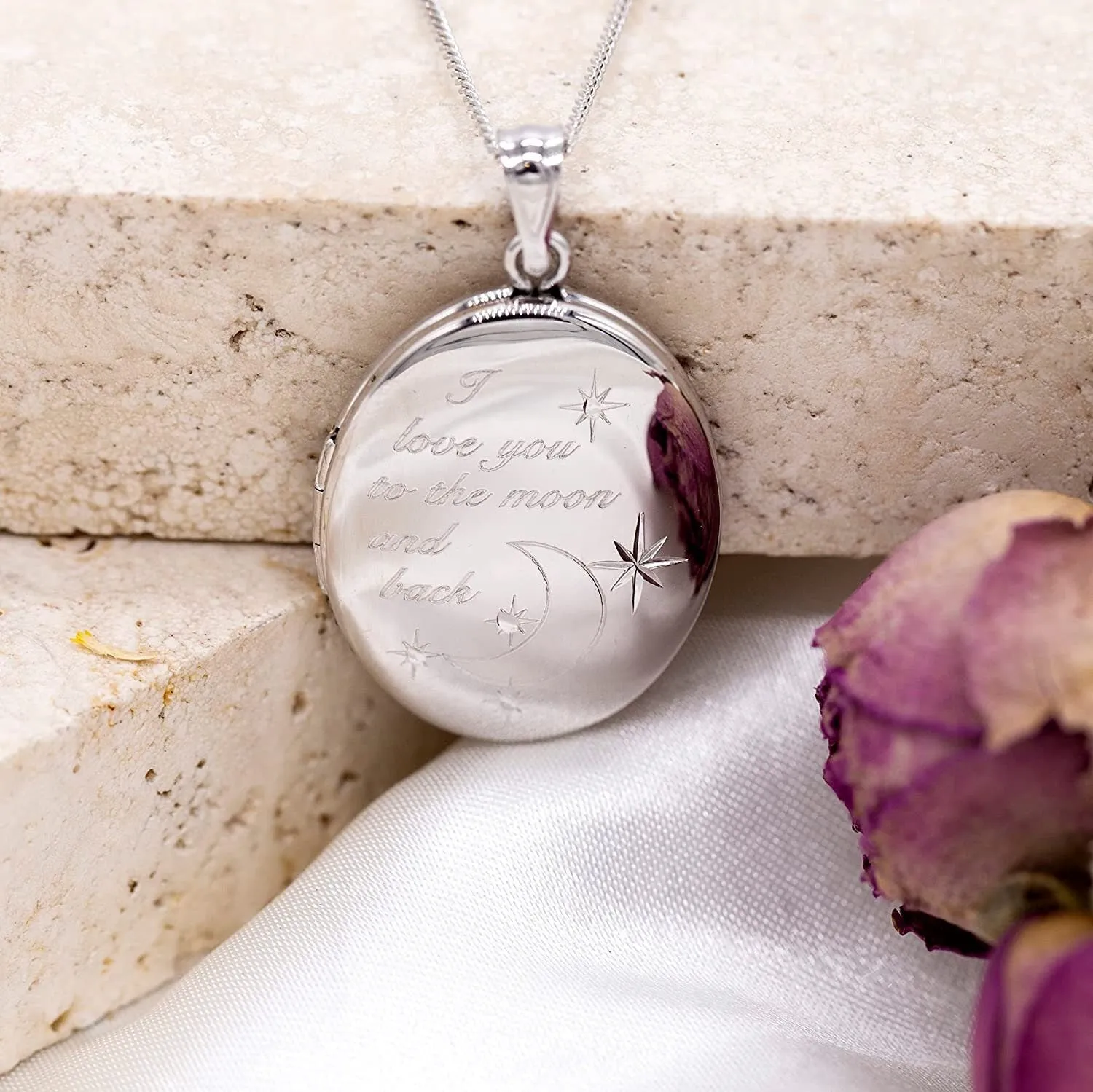 Sterling Silver Oval Locket Necklace for Women with "Love You To The Moon And Back" Engraved Design - 34mm, 16-20" Chain, Gift Box Included