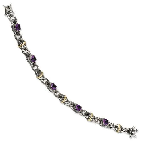 Sterling Silver with 14K Yellow Gold Amethyst Antiqued Bracelet
