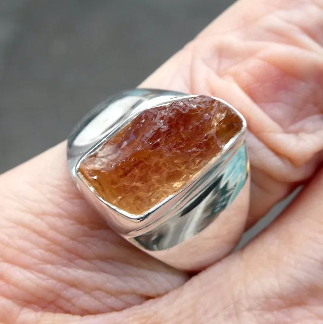 Topaz Ring, Golden, Raw Crystal, Size 7.5, 925 Silver, r4