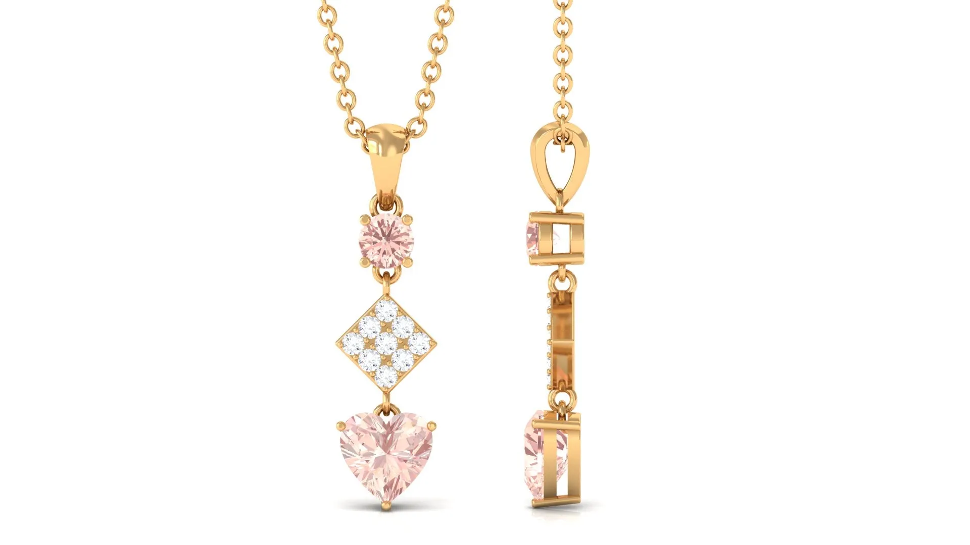 Unique Morganite and Diamond Heart Dangle Pendant with Chain