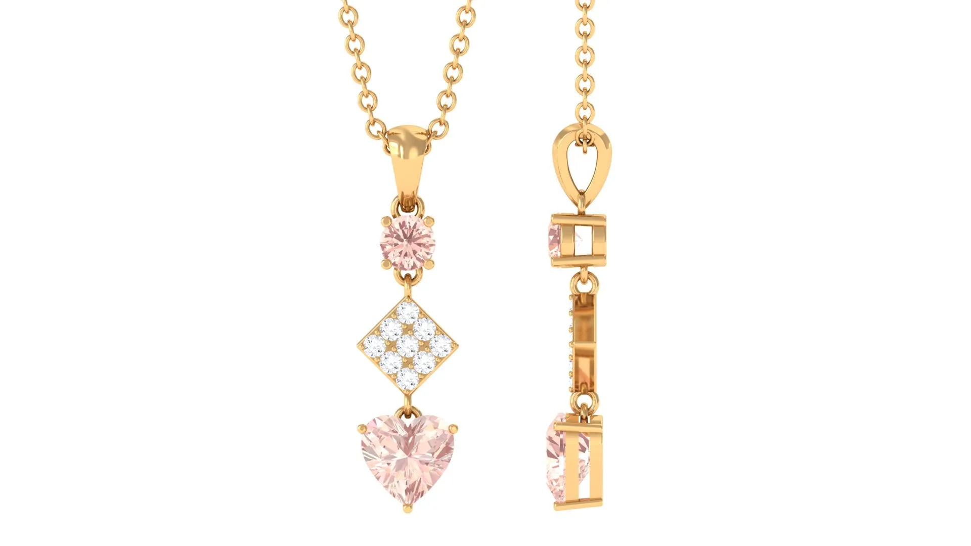 Unique Morganite and Diamond Heart Dangle Pendant with Chain