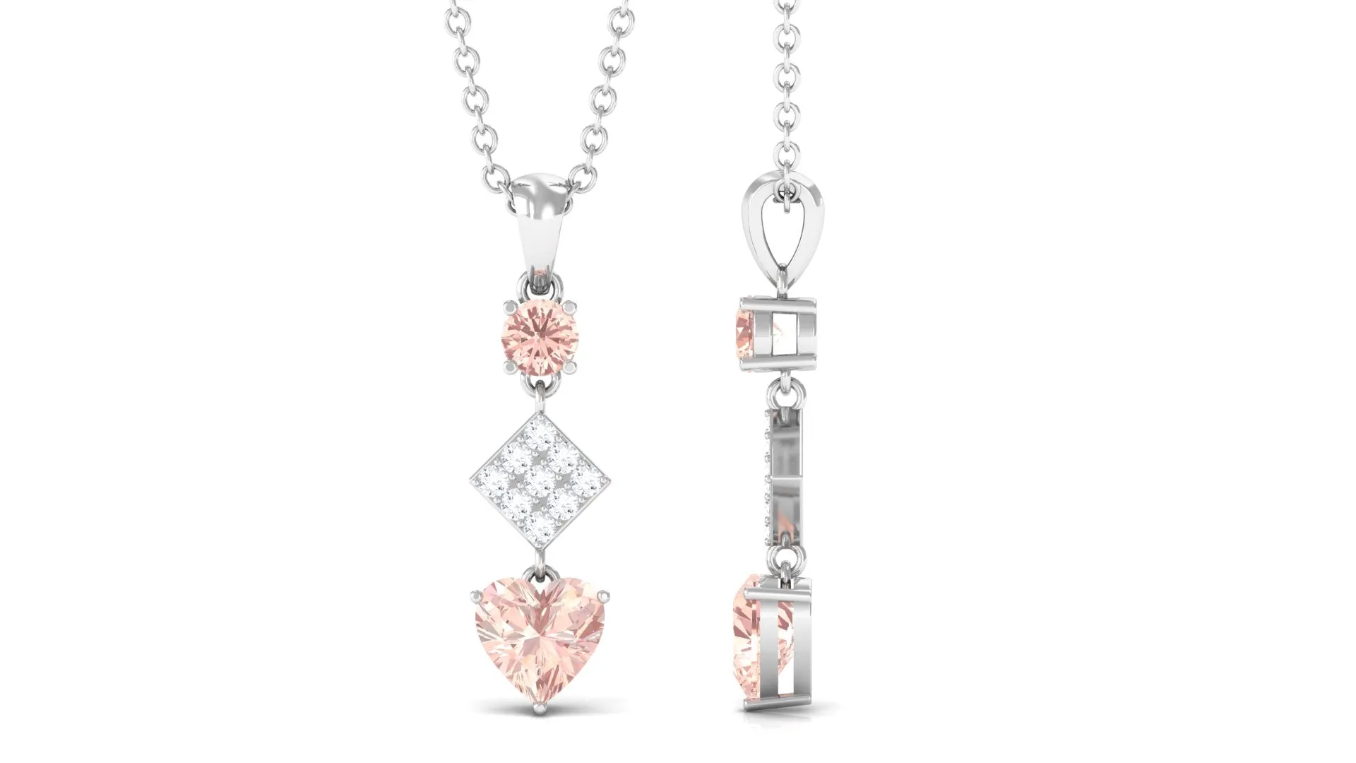 Unique Morganite and Diamond Heart Dangle Pendant with Chain