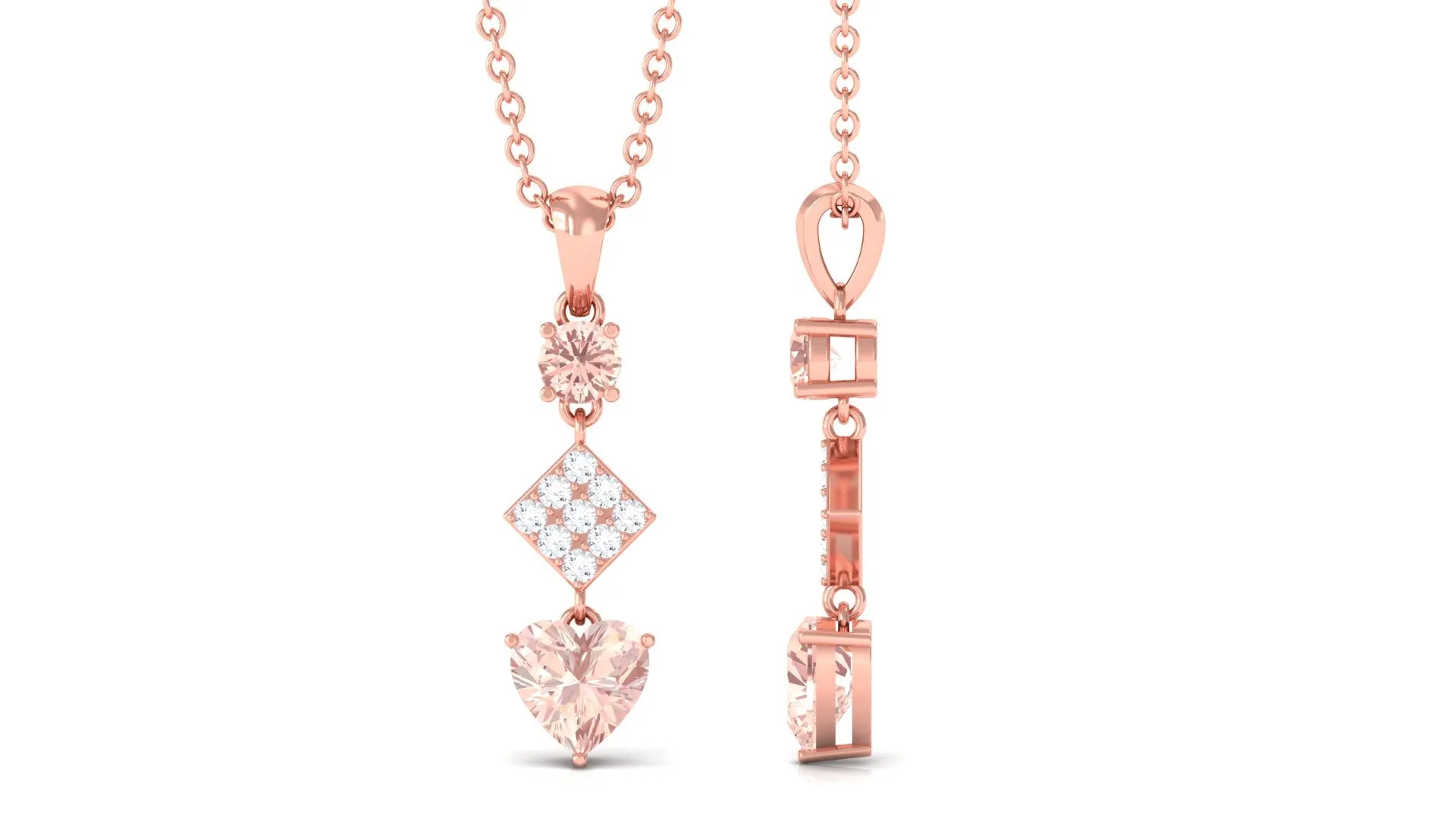 Unique Morganite and Diamond Heart Dangle Pendant with Chain