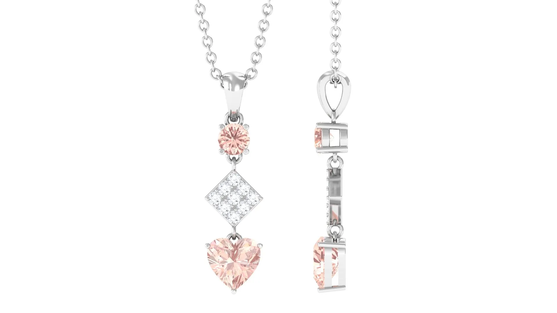 Unique Morganite and Diamond Heart Dangle Pendant with Chain