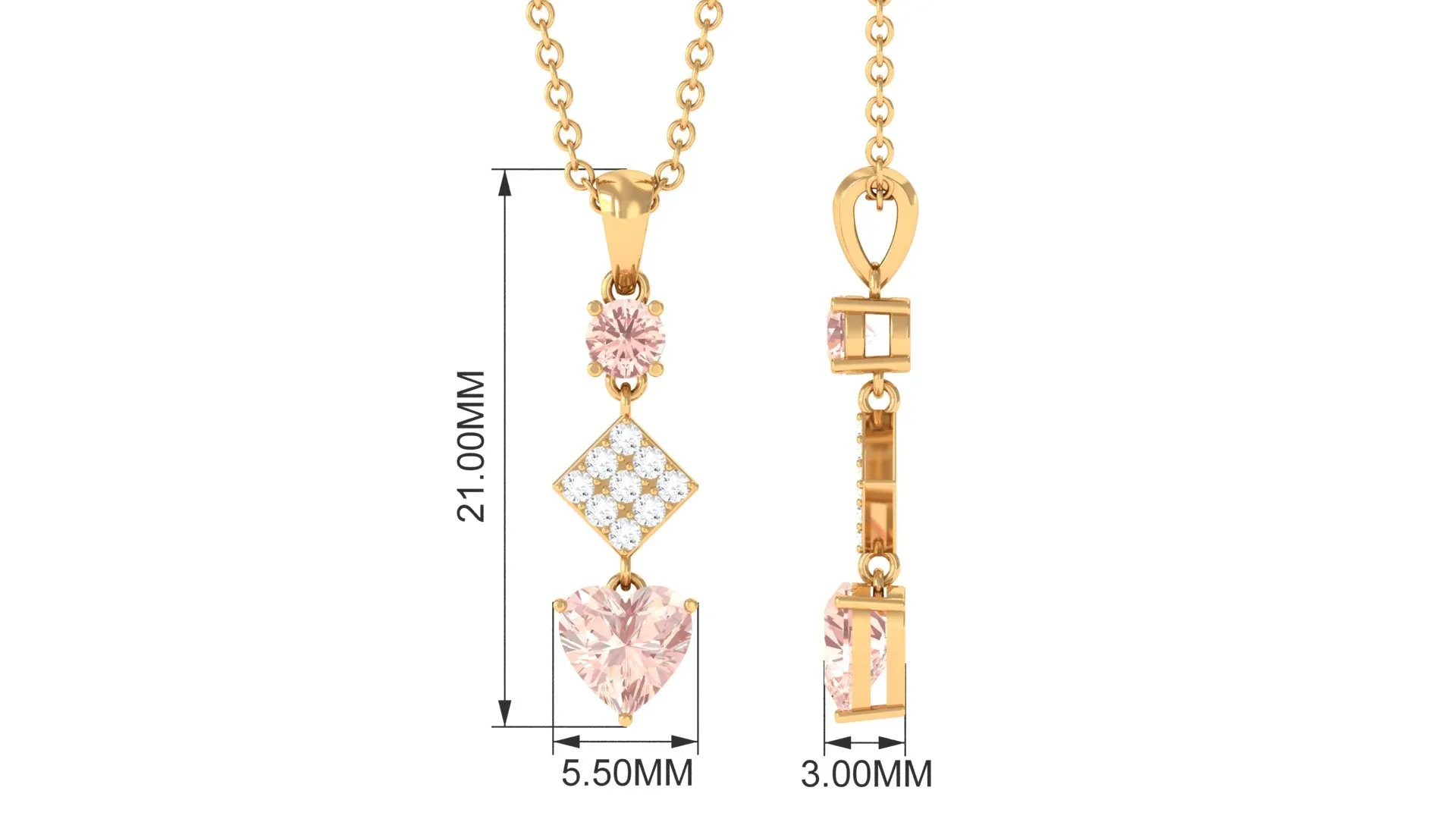 Unique Morganite and Diamond Heart Dangle Pendant with Chain