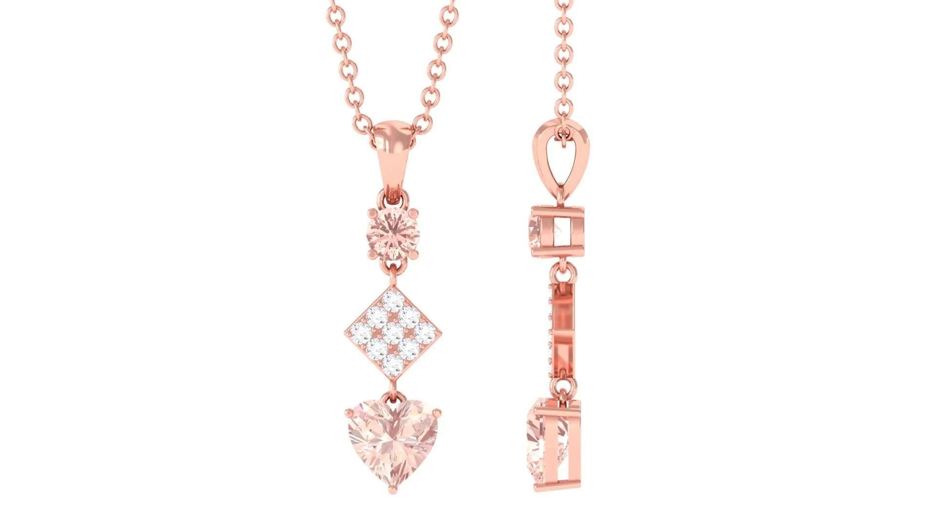 Unique Morganite and Diamond Heart Dangle Pendant with Chain