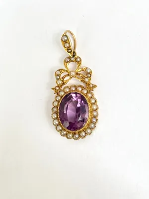 Victorian 15ct Gold, Amethyst and Seed Pearl Cluster Pendant with Seed Pearl Bow