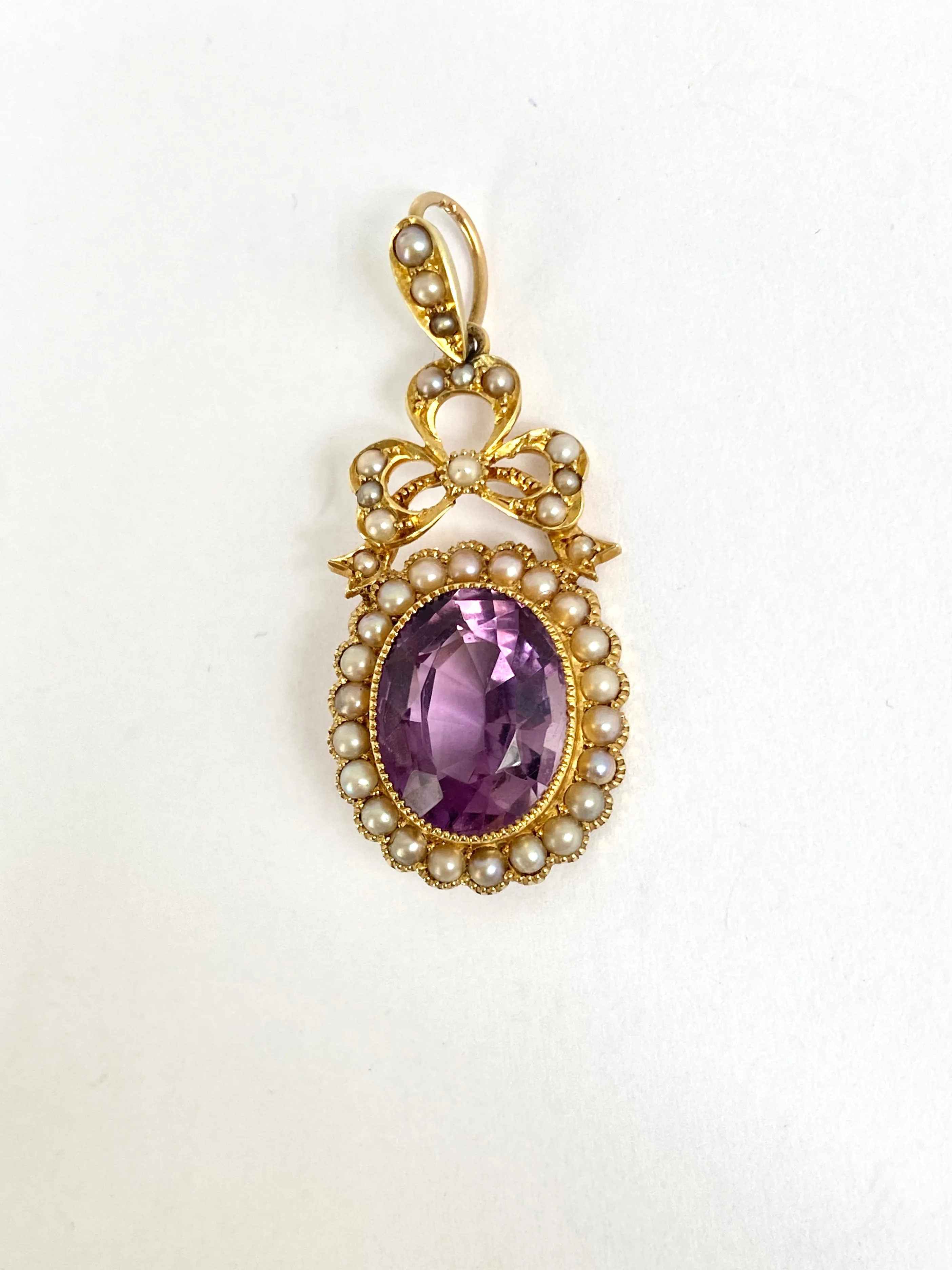 Victorian 15ct Gold, Amethyst and Seed Pearl Cluster Pendant with Seed Pearl Bow