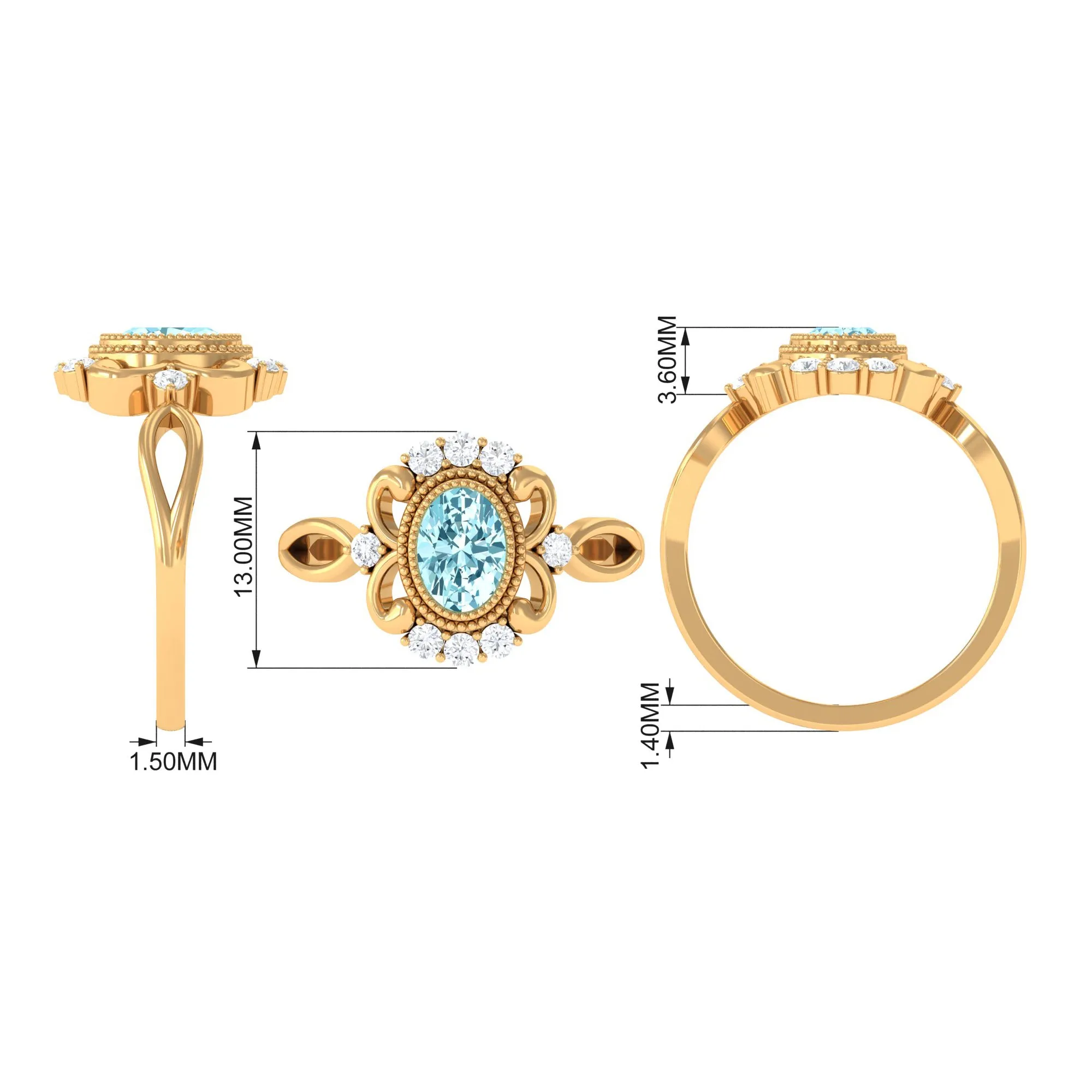 Vintage Inspired Aquamarine Solitaire Engagement Ring with Diamond
