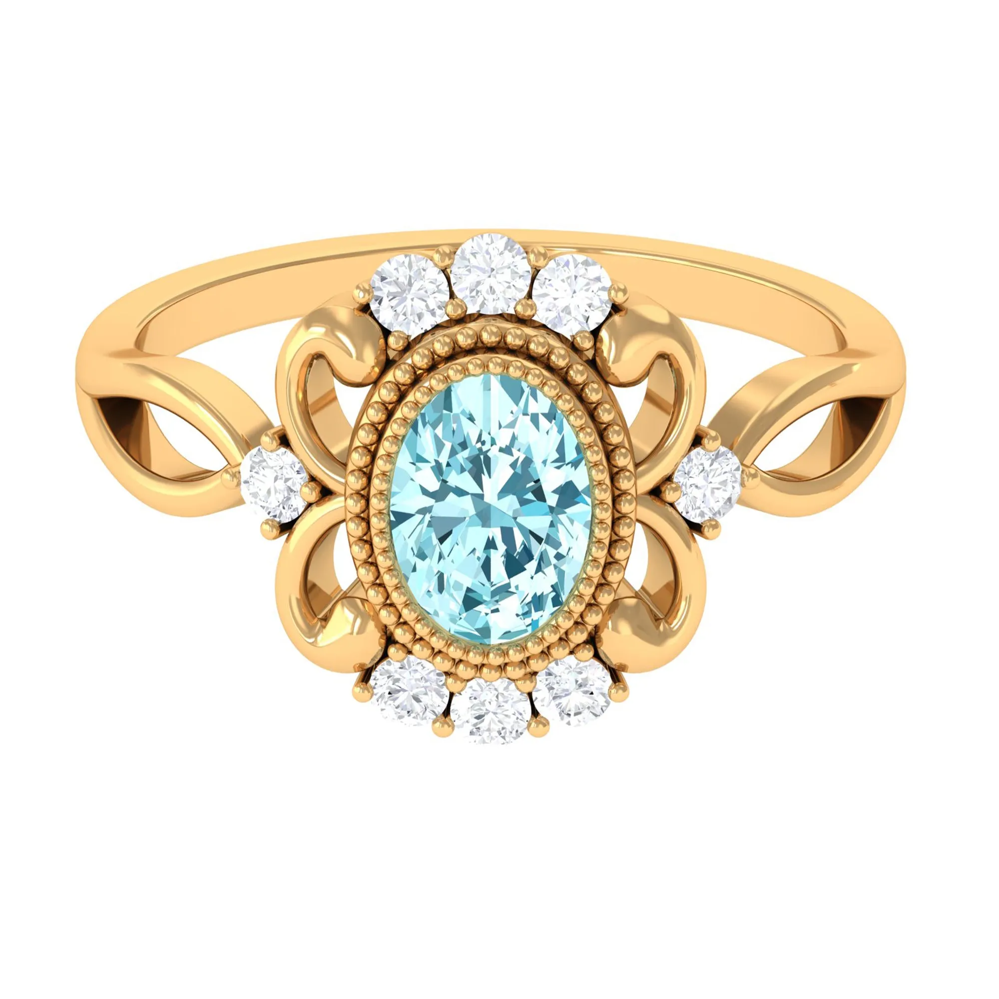 Vintage Inspired Aquamarine Solitaire Engagement Ring with Diamond
