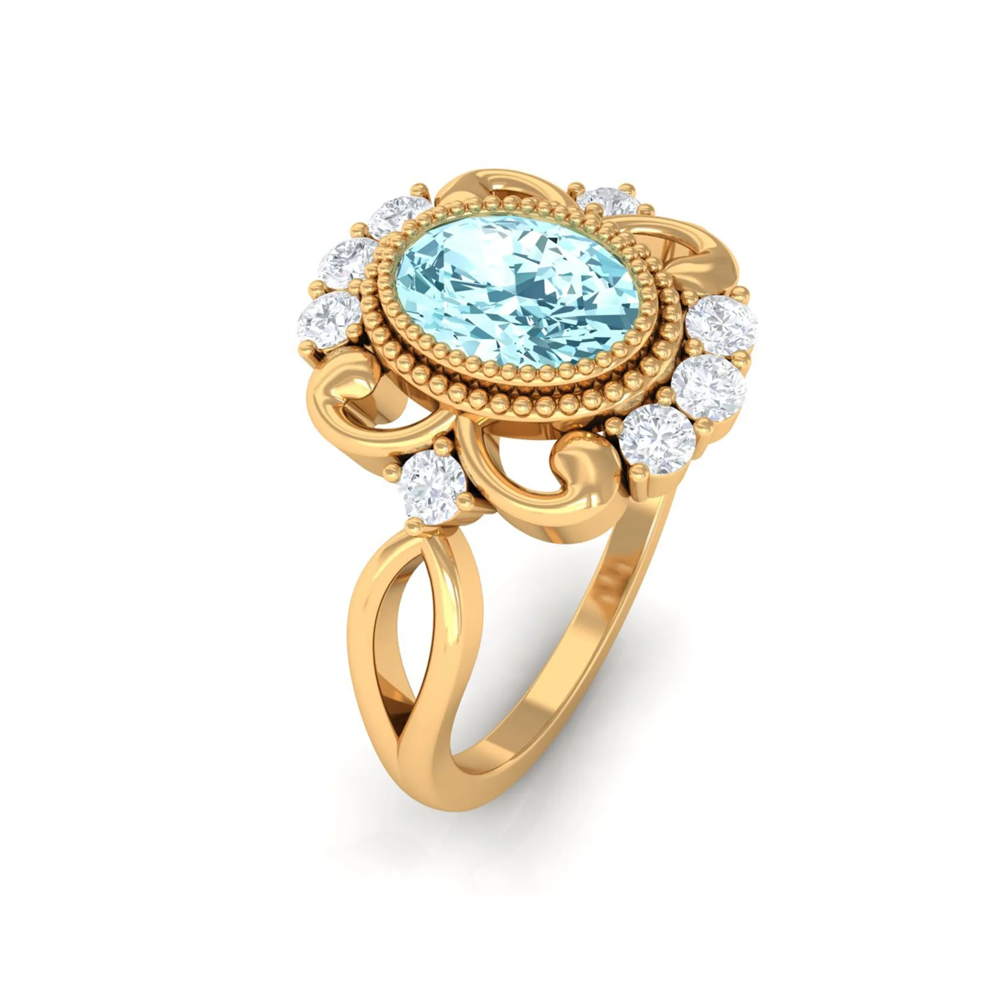 Vintage Inspired Aquamarine Solitaire Engagement Ring with Diamond
