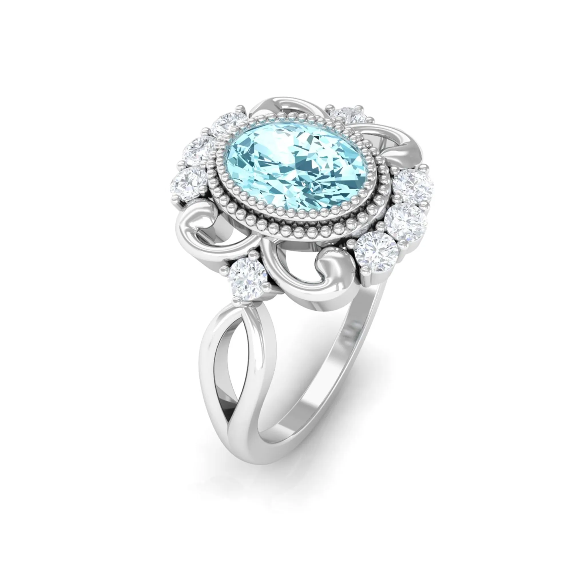 Vintage Inspired Aquamarine Solitaire Engagement Ring with Diamond
