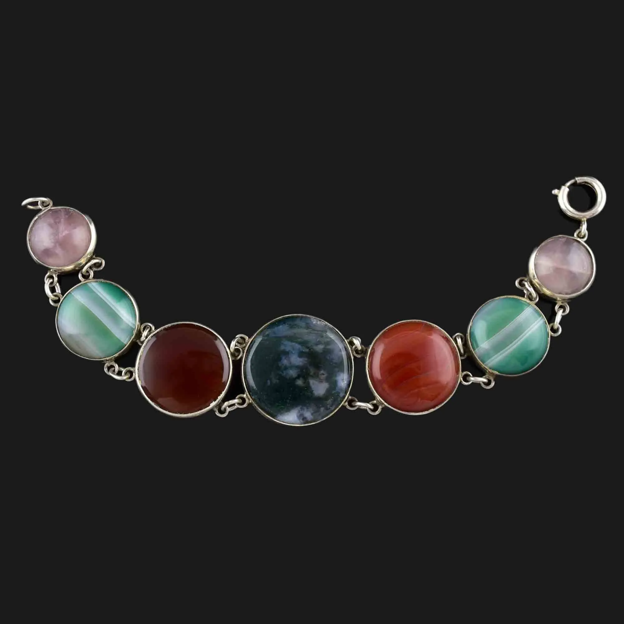 Vintage Silver Scottish Moss Agate Amethyst Banded Agate Bracelet