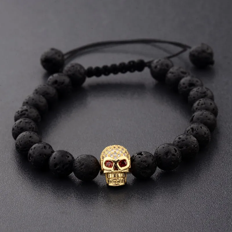 Volcanic Stone Micro Inlaid Diamond Skull Woven Bracelet