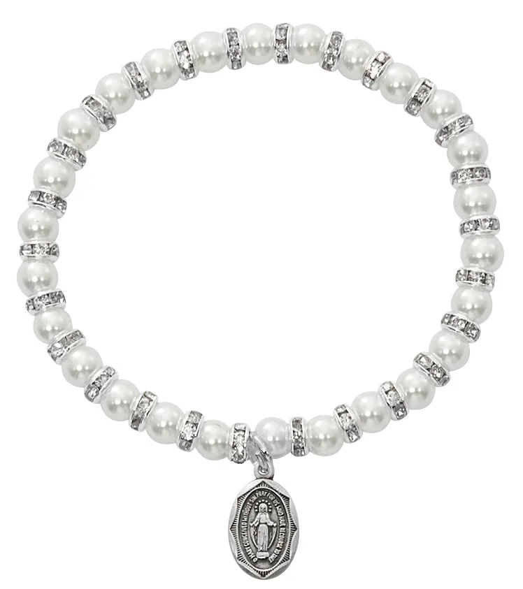 White Baby Stretch Bracelet and Pewter Medal Boxed  - BR43